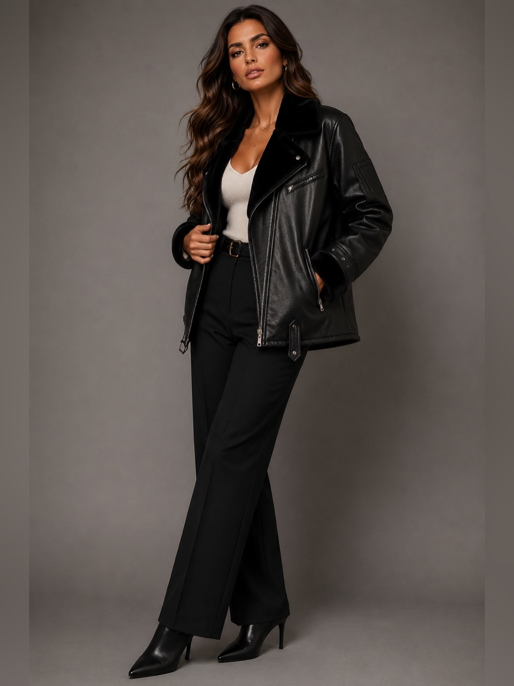NWT STEELE by Amanda Steele Black Faux Leather Moto Jacket with Shearling Collar